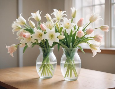 White lilies and pink tulips in vases on a table