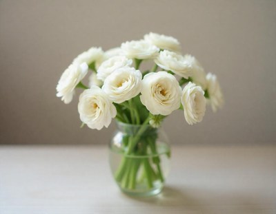 White ranunculus in a glass vase on a table