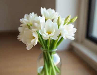 White flowers sit in a vase near a window