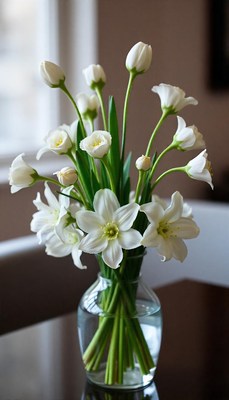 A vase of white flowers sits on a table