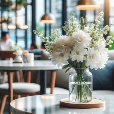 White flowers in a glass vase on a table in a cafe