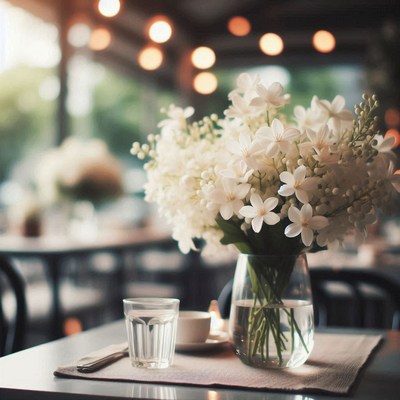 White flowers adorn a table in a restaurant