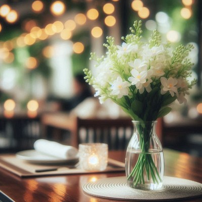 White flowers in a vase on a table at a restaurant