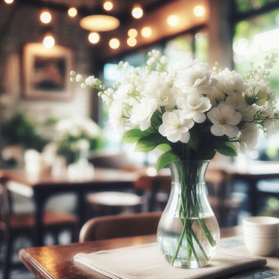 White flowers in a vase on a table in a cafe