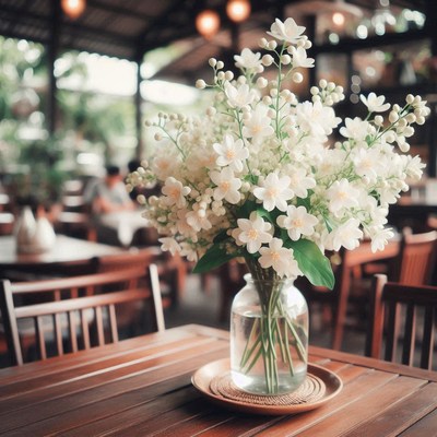 White flowers in a vase on a wooden table