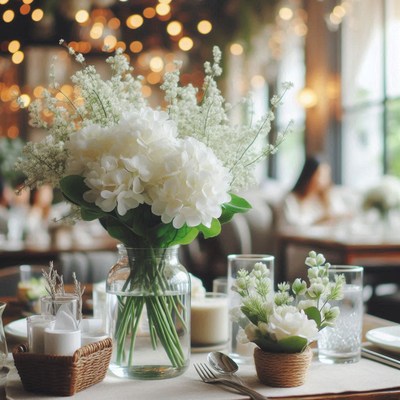 White hydrangeas in a glass vase on a restaurant table