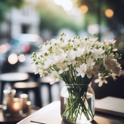 White flowers in a vase on a table