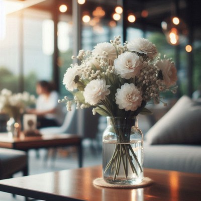White flowers sit on a table in a cafe