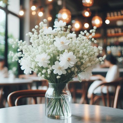A bouquet of white flowers sits on a table in a cafe