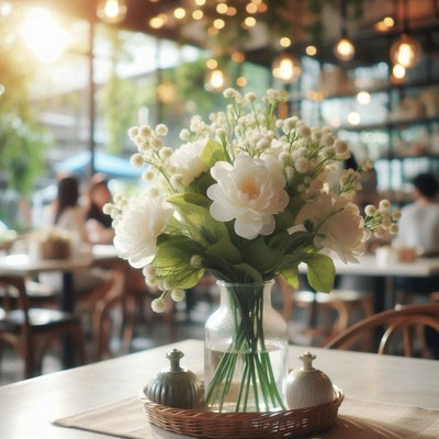 White flowers in a vase on a table in a cafe