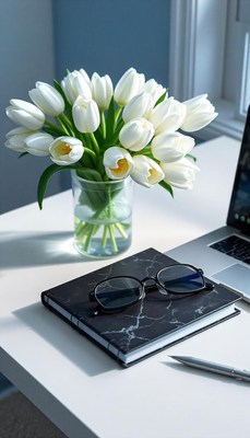 White tulips on a desk with a notebook and glasses