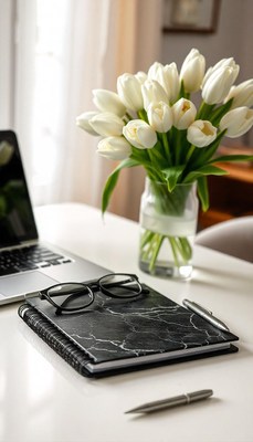 A black marble notebook lies open on a white table