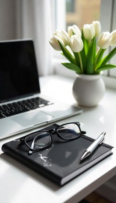 Laptop, glasses, pen, and white tulips on desk