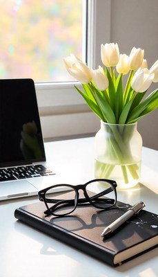 White tulips brighten a workspace