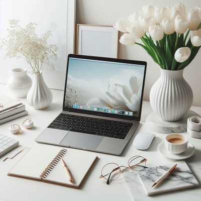 A clean workspace with a laptop, notebook, and flowers