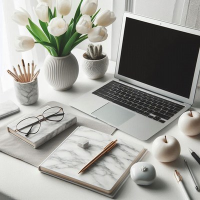 A white desk with a laptop and some supplies