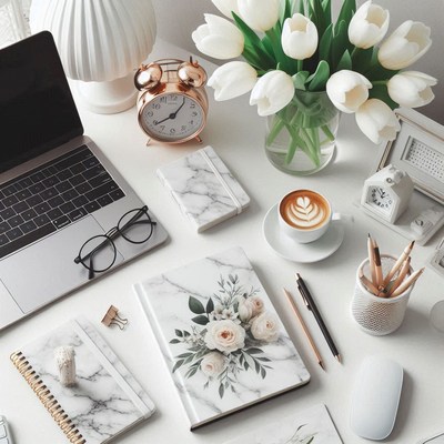 A white desk with a laptop, coffee, and flowers