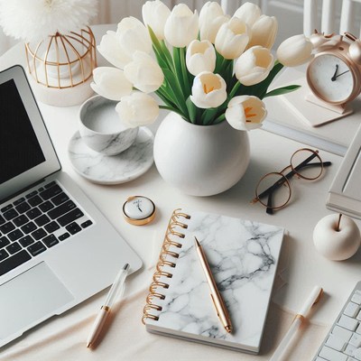 White desk with laptop, notebook, and tulips