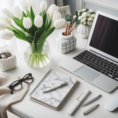 White tulips brighten a minimalist workspace