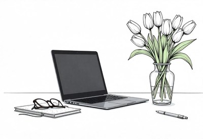 A laptop sits on a desk with tulips and a notebook
