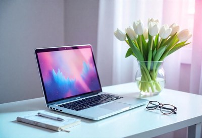 Laptop on desk with flowers and a pen