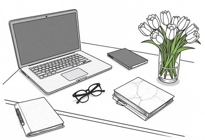 A laptop, glasses, and flowers sit on a desk