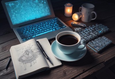 A late-night work session with a cup of coffee