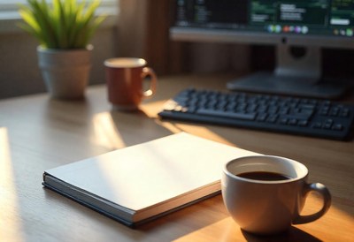 Coffee on desk with notebook and computer behind