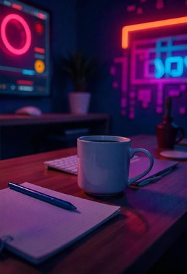 Notebook and pen on a desk with a coffee cup