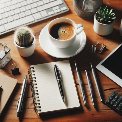 Coffee on a desk with a notebook and pens