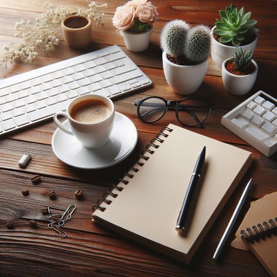 A cup of coffee, a notebook, and a pen on a wooden desk