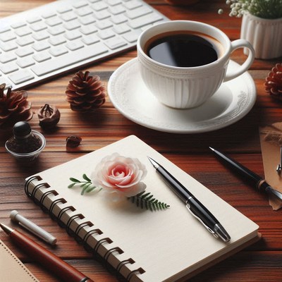 A cup of coffee and a notebook on a wooden table