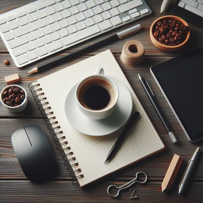 Coffee cup on a notebook with a pen and keyboard