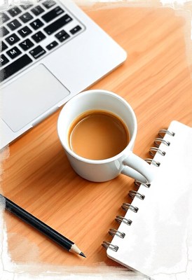 A coffee cup on a desk with a laptop and notebook