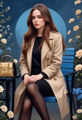 A woman sits on a blue bench surrounded by flowers