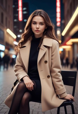 A woman sits on a chair in a city at night