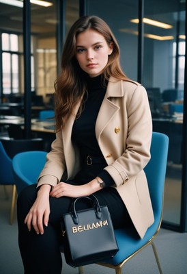 A woman sits in a chair holding a black bag