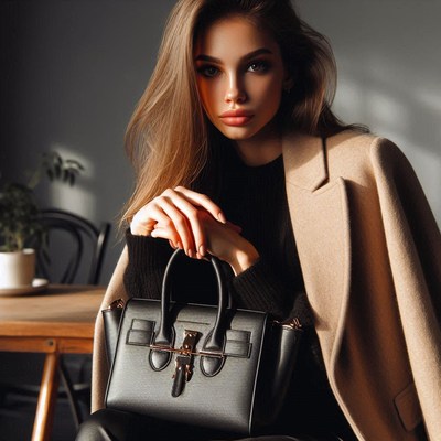 A woman in a tan coat holds a black handbag