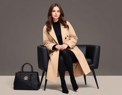 A woman sits in a chair wearing a beige coat