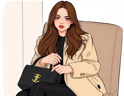 A woman sits in a chair holding a black purse