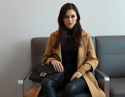 A woman in a brown coat and black pants waits