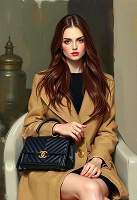 A woman in a tan coat sits with a black handbag