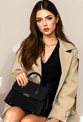 A woman poses in a beige coat holding a black purse