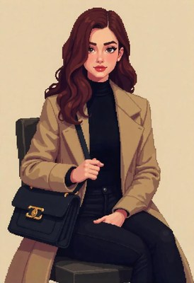 A woman with dark hair sits in a tan coat