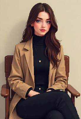 A woman in a tan coat sits in a wooden chair