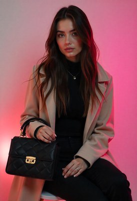 Woman poses with a black purse on a pink backdrop
