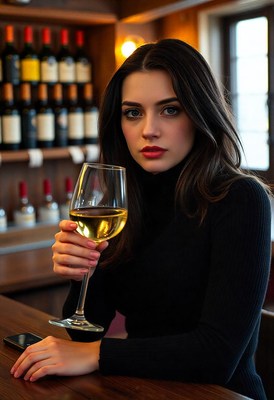 A woman enjoys a glass of wine in a bar