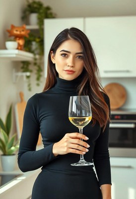 Woman in a black turtleneck, glass of wine, kitchen