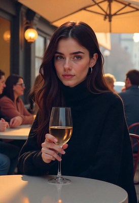 A woman enjoys a glass of wine at a cafe