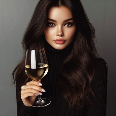 A woman holds a glass of wine